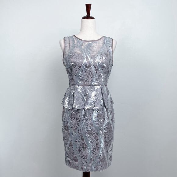Adrianna Papell Dresses & Skirts - Adrianna Papell Silver Sequin Lace Sleeveless Peplum Sheath Pencil Dress SIZE 6
